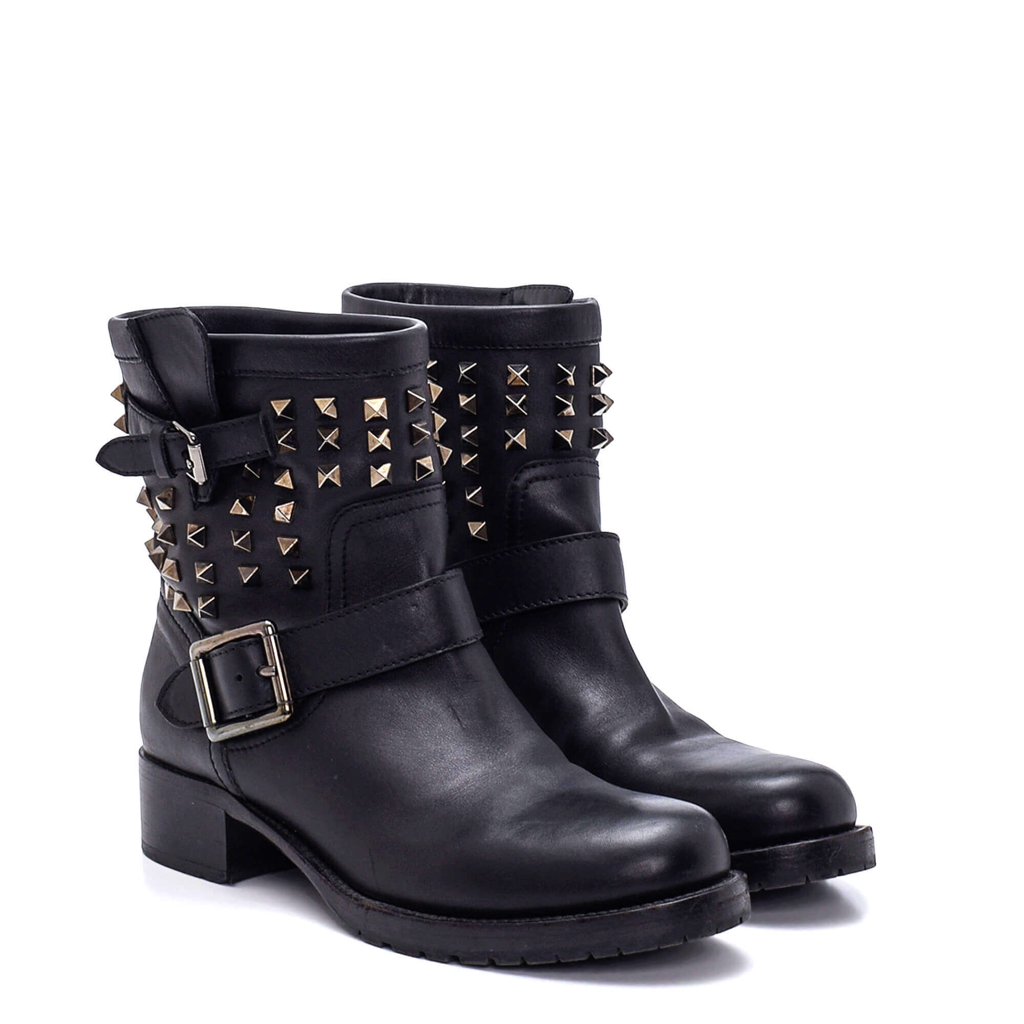 Valentino - Black Leather Double Buckle Rockstudded Boots/39